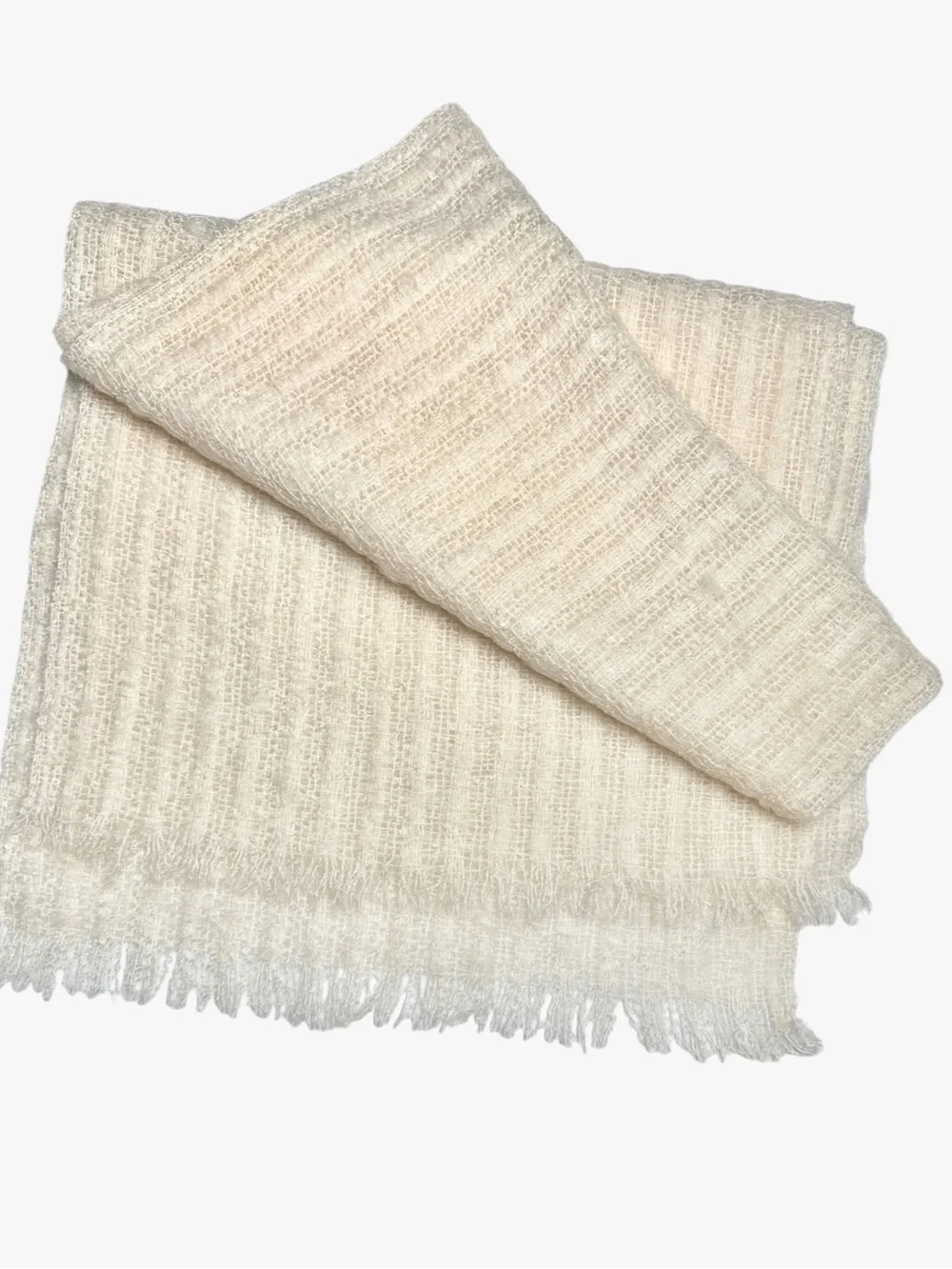 Donegal Design Ireland Large Oblong Scarf Mohair Wool Ivory Handwoven Fringe
